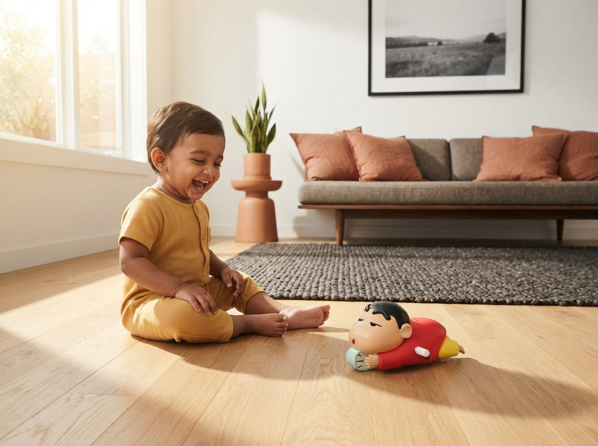 An Indian toddler laughing while watching a Shinchan crawling toy move on a wooden floor in a cozy living room.